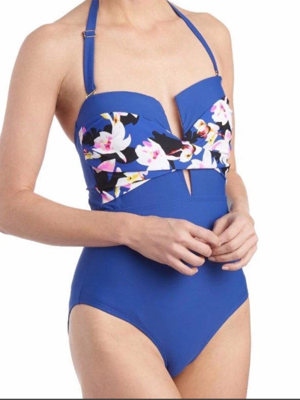 ELlen Tracy One Piece Swimsuit Size 14 Blue Floral Cutout Bathing Suit